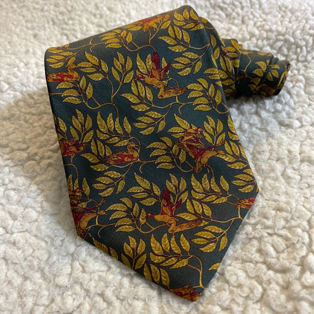 Salvatore Ferragamo Botanical Print Tie 100% Silk Greens and Golds Necktie
